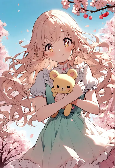 A cute anime girl with big, sparkling eyes and long, flowing hair. She wears a cute, pastel colored dress with lace and ruffles. She smiles kindly and holds a small cuddly toy in her hands. In the background are blooming cherry blossoms and a bright, clear...