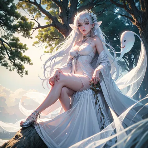 classic ghost, white translucent female, entangled in tree branches, twilight