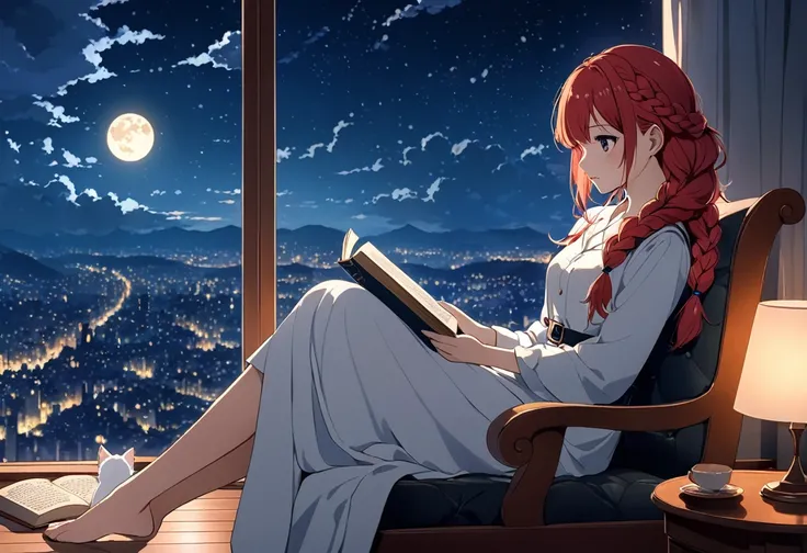 A beautiful 22-year-old woman with a perfect face, long, red hair styled in a braid, and captivating black eyes sits curled up in a plush armchair near a window, completely absorbed in reading a worn leather-bound book. Moonlight streams softly through a l...