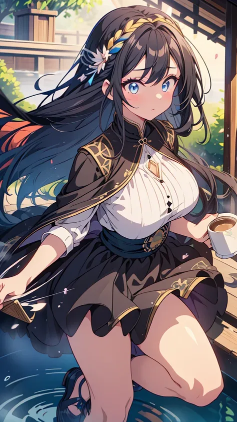 best quality, extremely detailed, anime style adult 1girl, long hair down to the waist, straight hair, ((dark black hair with bluish)),crown braid,beautiful detailed eyes, pinched eyes, dark blue eyes, huge breasts,curvy,(((café motif magical colorful dres...