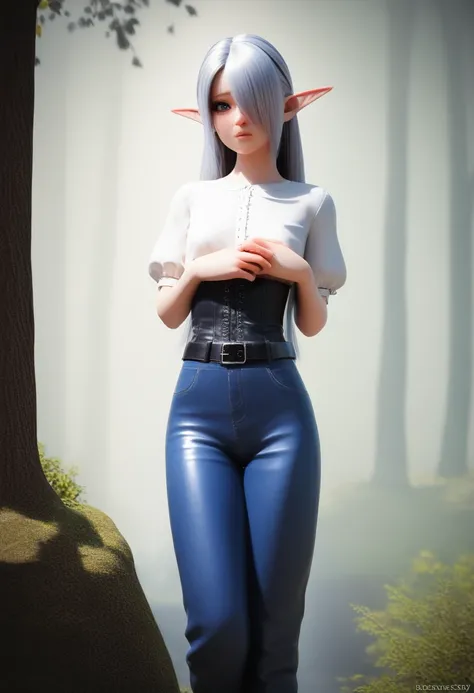 a detailed gnome girl with pale skin, short stature, and very long silver hair that curls at the ends, covering one eye, with small breasts, pouty lips, and bright blue anime-style eyes with long lashes, wearing a corset, white puffy long sleeved shirt, an...