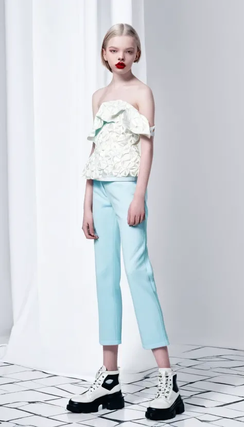 fashion full length photo, 11 years old girl balenciaga mode, with lips apart, ultra white pale skin, artistic photo, professional photo, perfect cinematic light, full lips, different sides photo, colorful clothing