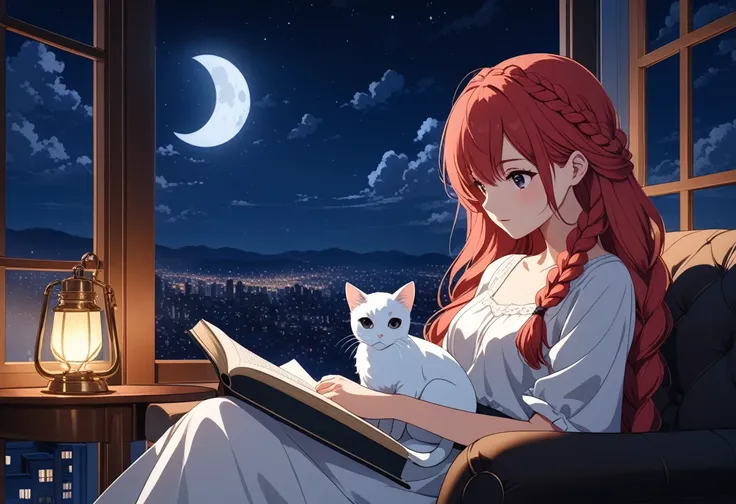 A beautiful 22-year-old woman with a perfect face, long, red hair styled in a braid, and captivating black eyes sits curled up in a plush armchair near a window, completely absorbed in reading a worn leather-bound book. Moonlight streams softly through a l...