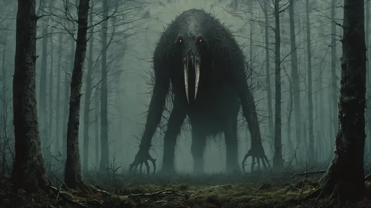 (((horror style))), image of a very tall and thin creature with two megaphones for a head, Trevor Henderson, hiding in the trees in a dark forest, rotten muscles, super detailed graphic, 4k resolution