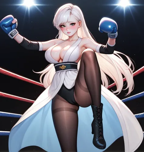 korean beautifull girl，18 years old,Pretty Face，Good shape，detailed picture, Shy expression， blush，White long hair, Wearing a boxing robe，Wear black pantyhose，high-heel boots, Wearing black boxing gloves，Black sleeves on arms, Side kick in the boxing ring，...