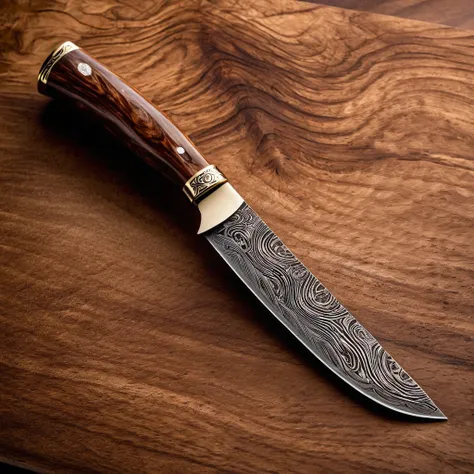 Ultra-detailed product photography of a premium chefs knife, 8k resolution, studio lighting. 8-inch blade with visible 33-layer Damascus steel pattern, wavy ripples, VG-10 core. Mirror-polished finish, razor-sharp edge. Ergonomic handle made of resin-infus...