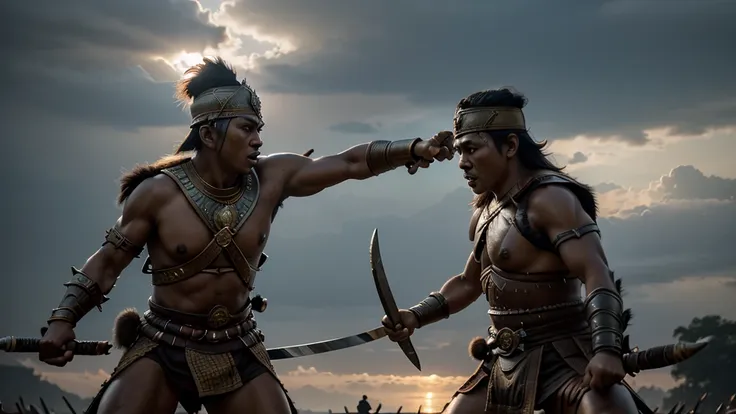 "intense battle scenes between the sunda warriors and majapahit soldiers, with dynamic action, clashing swords, and determined e...