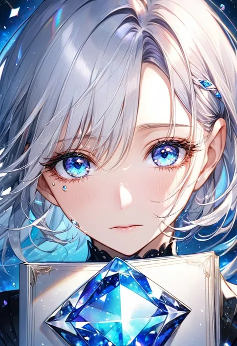 Create a cover for a book, In the middle of said portal there are beautiful blue eyes like diamonds., with pretty eyelashes and lots of shine, but they look tired or empty with noticeable tears, that has a title "almost perfect omega" 