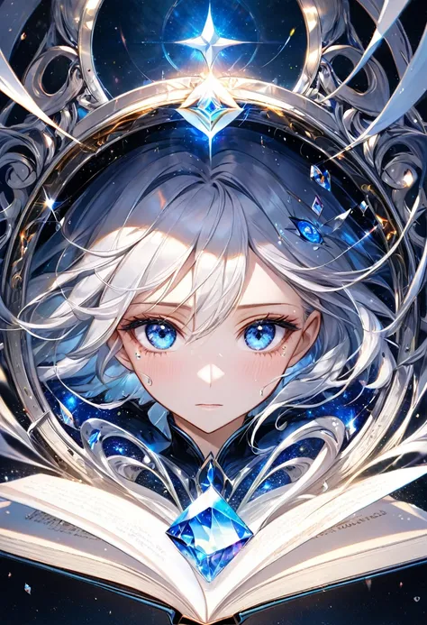 Create a cover for a book, In the middle of said portal there are beautiful blue eyes like diamonds., with pretty eyelashes and lots of shine, but they look tired or empty with noticeable tears, that has a title "almost perfect omega" 