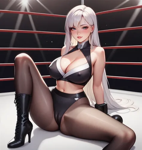 korean beautifull girl，18 years old,Pretty Face，Good shape，detailed picture, Seductive expression， blush，White long hair, Wear wrestling clothes，Wear black pantyhose，high-heel boots, Wearing black boxing gloves，Black sleeves on arms, Sitting in the boxing ...