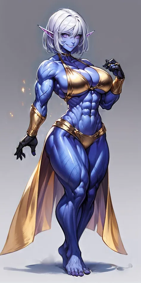 ((plain background:1.2, 1sologirl)) full body standing barefoot hands on waist navel, very purple skin, drow, elf, Madura, Detailed happy face, purple eyes, white hair bob style, gold bikini, well defined six pack abs, Large knockers, golden gloves