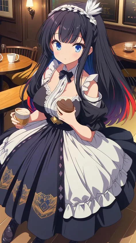 best quality, extremely detailed, anime style adult 1girl, long hair down to the waist, straight hair, ((dark black hair with bluish)),crown braid,beautiful detailed eyes, pinched eyes, dark blue eyes, huge breasts,curvy,(((café motif magical colorful dres...