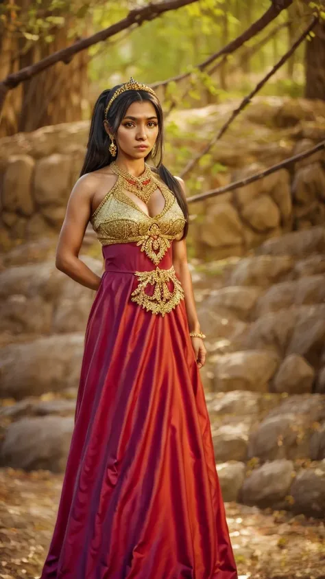 create a hyper realistic photo a beautiful indonesian woman as a hero in dynasty kingdom of majapahit, wearing small gold neklac...