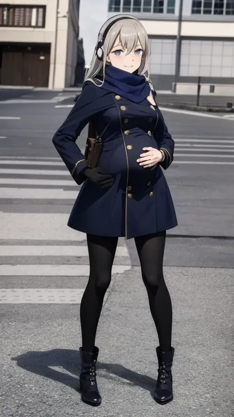 masterpiece, best quality, 1girl,  hd, 4k, solo, bkornblume, headphones, solo, blue scarfs, coat, pussy, pregnancy, pregnant, ex...