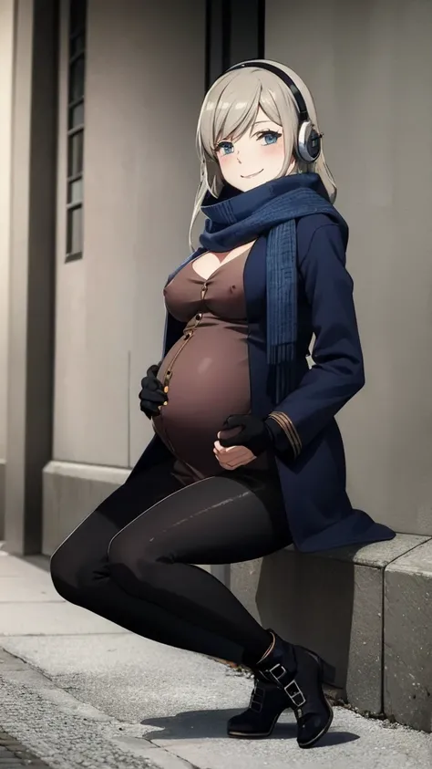 masterpiece, best quality, 1girl,  HD, 4K, solo, Bkornblume, headphones, solo, blue scarfs, coat, pussy, pregnancy, pregnant, exhibitionism, headache, black leggings, black gloves, grey hair, blushing, naked, smile, full body, pouch, german face, boots, wa...