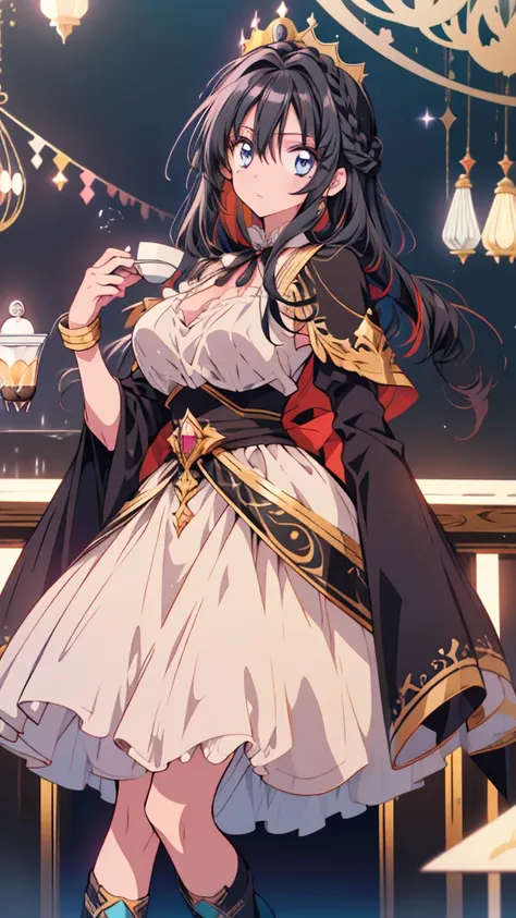 best quality, extremely detailed, anime style adult 1girl, long hair down to the waist, straight hair, ((dark black hair with bluish)),crown braid,beautiful detailed eyes, pinched eyes, dark blue eyes, huge breasts,curvy,(((café motif magical colorful dres...