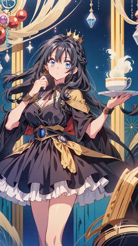 best quality, extremely detailed, anime style adult 1girl, long hair down to the waist, straight hair, ((dark black hair with bluish)),crown braid,beautiful detailed eyes, pinched eyes, dark blue eyes, huge breasts,curvy,(((café motif magical colorful dres...