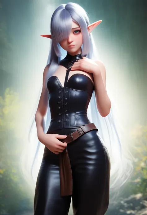 detailed gnome girl with pale skin, short stature, and very long silver hair that curls at the ends, covering one eye, with small breasts, pouty lips, and bright blue anime-style eyes with long lashes, wearing a corset, white puffy long sleeved shirt, and ...