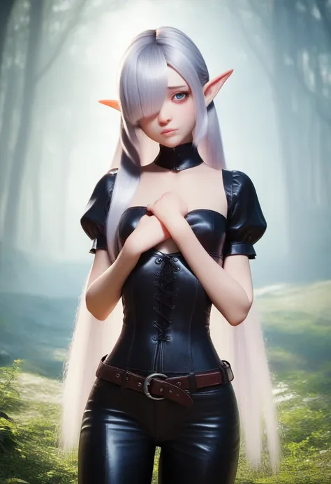 detailed gnome girl with pale skin, short stature, and very long silver hair that curls at the ends, covering one eye, with smal...