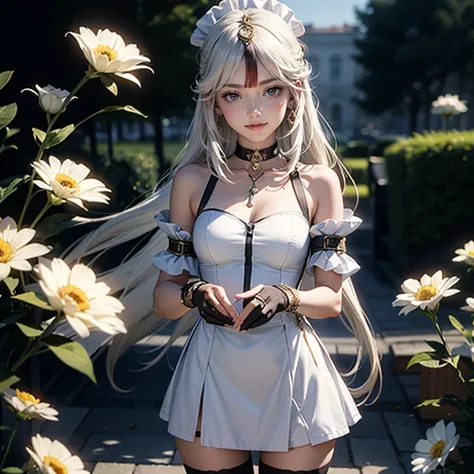 1girl, white maid dress, jewelry, white hair, flowing hair, long hair, maid dress with a short skirt with layers, frills, white laces, black boots, white dress with transparency, gold details on her clothes, garden scene, seat on the grass, more details, p...