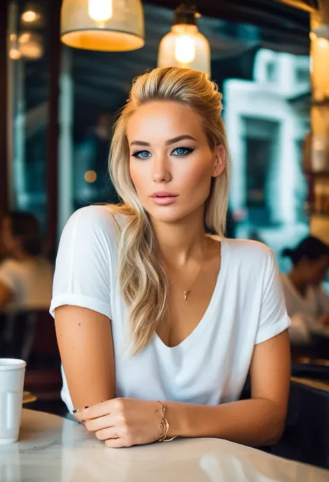 1girl, female, woman, standing in a cozy cafe, full body, wearing simple white t-shirt. blonde, French Twist Hairstyle, shallow depth of field, ultra high detail, ultra HD, Portra 800