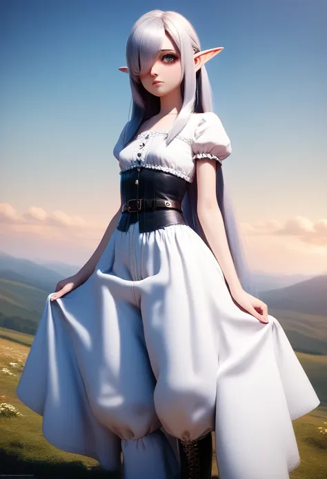 detailed gnome girl with pale skin, short stature, and very long silver hair that curls at the ends, covering one eye, with small breasts, pouty lips, and bright blue anime-style eyes with long lashes, wearing a corset, white puffy long sleeved shirt, and ...