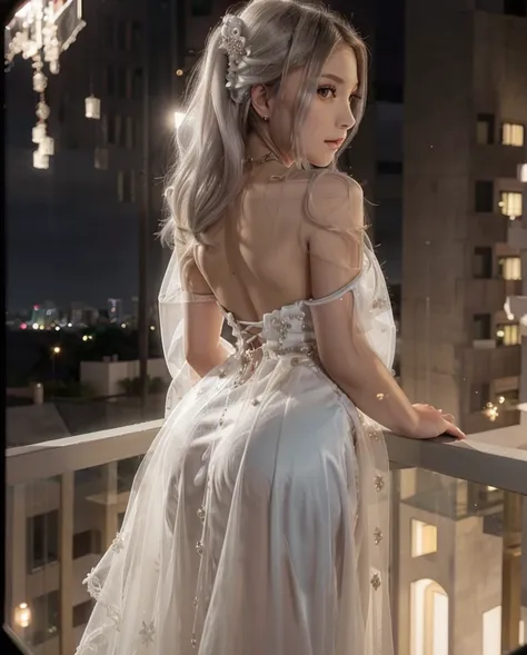 beautiful japanese waifu, early 24s, white hair, luxury white evening gown with lots of diamonds detailing, standing in a balcon...