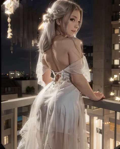 beautiful japanese waifu, early 24s, white hair, luxury white evening gown with lots of diamonds detailing, standing in a balcon...