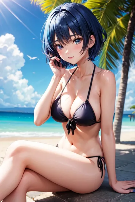  Beautiful anime woman short blue hair in black bikini 