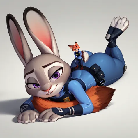 by disney pixar, 3d, duo, by qupostuv35, macro, ((judy hopps, lying face down)), female, zootopia, police uniform, thigh crushin...