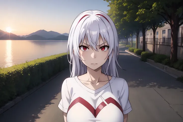 red eyes, accelerator (toaru majutsu no index), white hair, shirt, girl:1.3, massive breasts, outdoors, lake