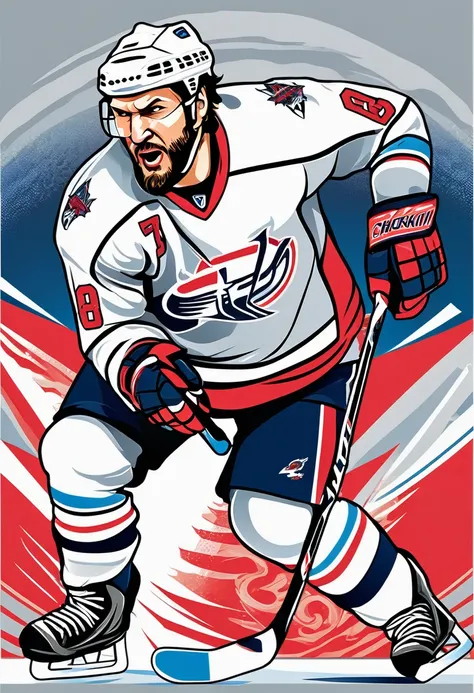 A vector design for a t-shirt, with a Alex Ovechkin shoth on goal featuring elements of [[ice hockey] in the style of hyper-detailed illustrations with a colorful, 
cartoonish style in high resolution using [gray] colors and hard edge lines, along with swi...