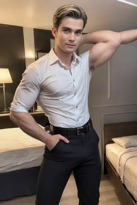 Portrait of Nicholas Galitzine, he is (wearing a fitted tight white button-up shirt with two buttons undone:1.3), (sleeves rolled up to his elbow; sleeves tight against his big biceps:1.3), (he is wearing fitted black dress pants, with belt:1.3), (bulge++)...