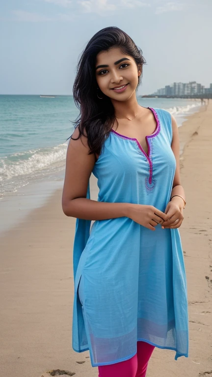 curvy thick Indian young beautiful 22 years dusky Indian teen, slim body, nice curves, homely girl, cotton fabric Indian blue kurti,wear long shawl, cover ,indian kurti, cotton red leggings, outdoor, COOL WEATHER, standing near beach, seaside, photorealist...