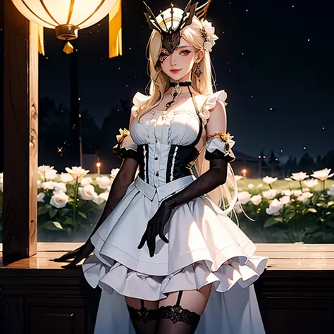 1girl, white maid dress, jewelry, blonde hair, flowing hair, ornament hair, long hair, mask, maid dress with a short skirt with layers, frills, white laces, black boots, white dress with transparency, gold details on her clothes, garden scene, seat on the ...