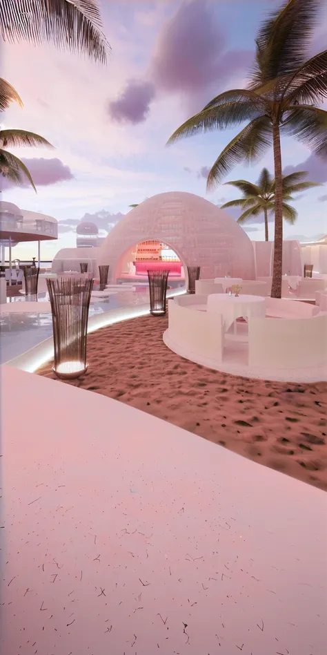 （masterpiece, best quality, high quality, Extremely detailed CG Unity 8K wallpaper, Realistic photos, Depth of Field）, There is a white building，There is a swimming pool and a bar in the middle, beach bar, Ibiza dance inspiration, futuristic marrakech, In ...