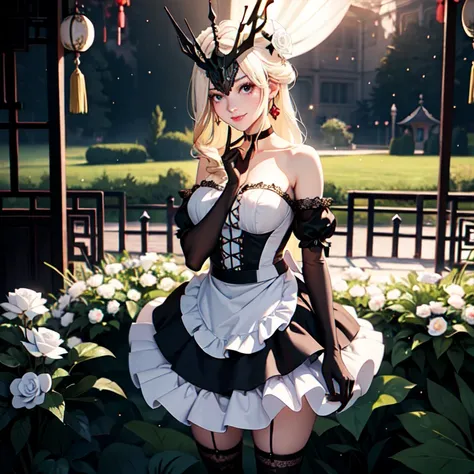 1girl, white maid dress, jewelry, blonde hair, flowing hair, ornament hair, long hair, mask, maid dress with a short skirt with layers, frills, white laces, black boots, white dress with transparency, gold details on her clothes, garden scene, seat on the ...