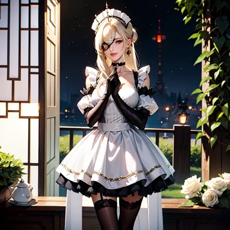 1girl, white maid dress, jewelry, blonde hair, flowing hair, ornament hair, long hair, mask, maid dress with a short skirt with layers, frills, white laces, black boots, white dress with transparency, gold details on her clothes, garden scene, seat on the ...