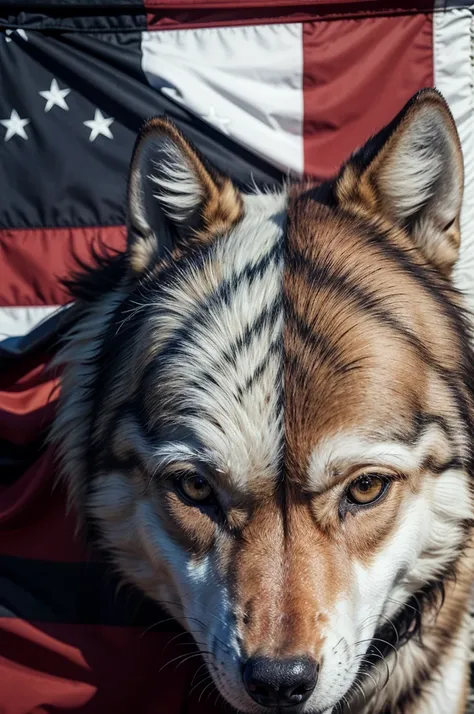 flag with three horizontal stripes in colors, rot, offwhite, unripe, with a wolf&#39;s head in the center