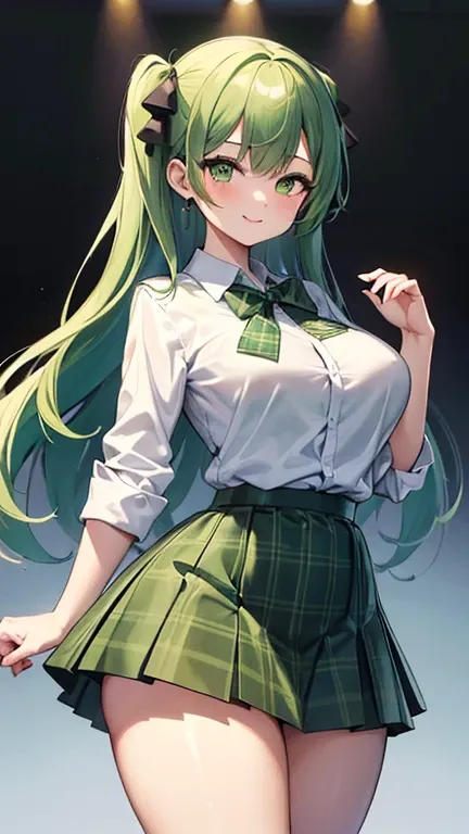 (masterpiece, Highest quality) 1girl, little bit big breasts, little bit big ass, thick thighs, wide hips, Perfect proportions, asymmetrical hairstyle. green hair, amber eyes, wearing green checkered skirt, green skirt, plaine white button up shirt with gr...