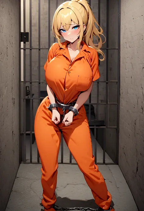 mugshot, view the viewer, huge breast, prisoner, prison girl, jailed, prisoned, orange prison jumpsuit, handcuffed, restrained, ...