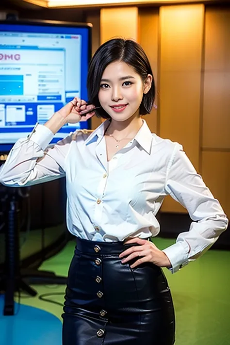 (a beautiful japanese weathercaster lady, age 28, wearing formal white shirt with buttons & cyan pencil skirt, in a news studio ...