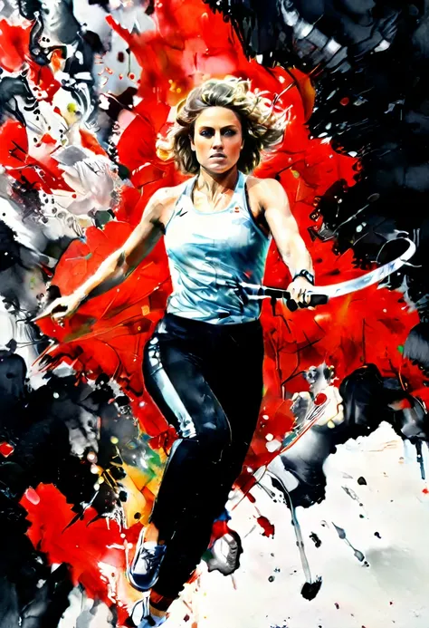 (( a black and white and red watercolor art: 1.5)) a watercolor portrait of woman holding a javelin, ready to throw, in the olym...