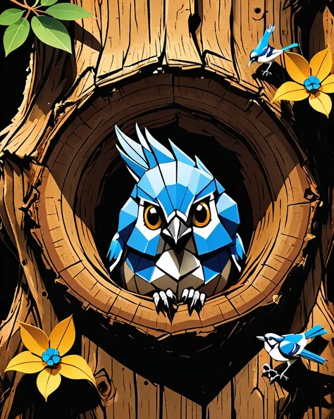 flowers in origami texture, tree trunk hole with nest, Vector art, Robotic blue Jay, bright light, Adobe Lightroom, Pixabay, artstation, 