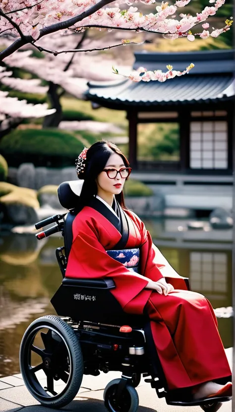 A beautiful Japanese girl sitting in a luxurious and comfortable sofa-like electric wheelchair. She wears red glasses. She has long, flowing black hair and wears a traditional kimono with intricate patterns. In the background is a serene Japanese garden wi...