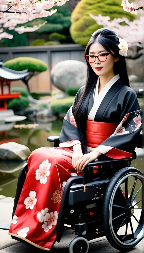 A beautiful Japanese girl sitting in a luxurious and comfortable sofa-like electric wheelchair. She wears red glasses. She has long, flowing black hair and wears a traditional kimono with intricate patterns. In the background is a serene Japanese garden wi...