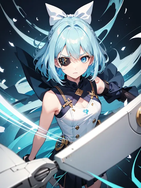 1 girl, light blue hair, light hair hair, sharp eyes, light blue eyes, sleeveless combat dress, bow, serious look, masterpiece, high quality, fantasy eyepatch, unique eyepatch, short hair, short hair