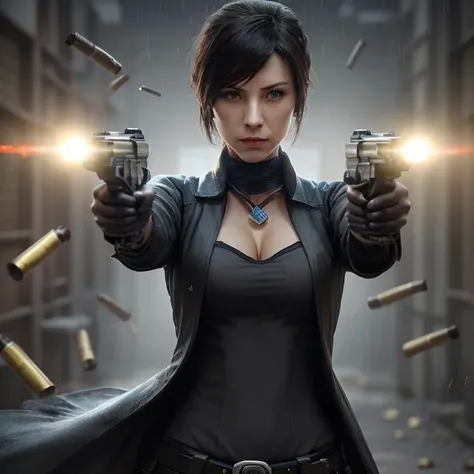 CREATE AN IMAGE OF A FEMALE ASSASSIN POINTING TWO GUNS IN A SHOOTOUT WITH BULLETS  FALLING ON THE GROUND