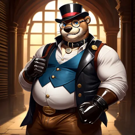 Solo, Male, fat, extremely obese, gentleman, dapper Professor Otter, blue eyes, (posing:1.3), (soft shading), 4k, hi res, ((detailed face, detailed)), looking at viewer, evil grin, steampunk, collared shirt with buttons, top hat, male focus, Explorer Outfi...