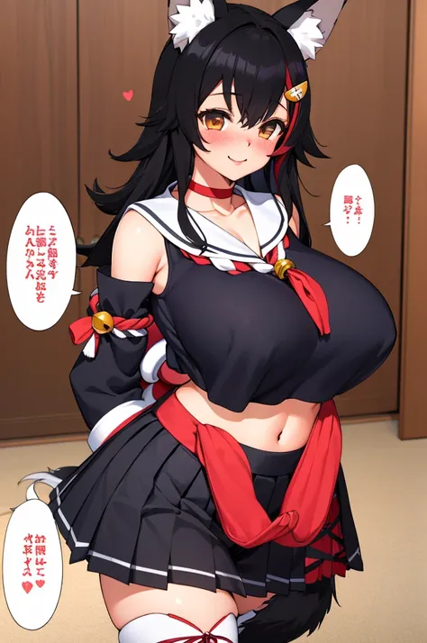 miosha1, hair ornament, wolf tail, red choker, black shirt, sailor collar, detached sleeves, black skirt, pleated skirt, white thighhighs, midriff, bell, rope,indoor,smile,looking viewer,standing,huge breasts,,(spoken heart),blush,cleavage